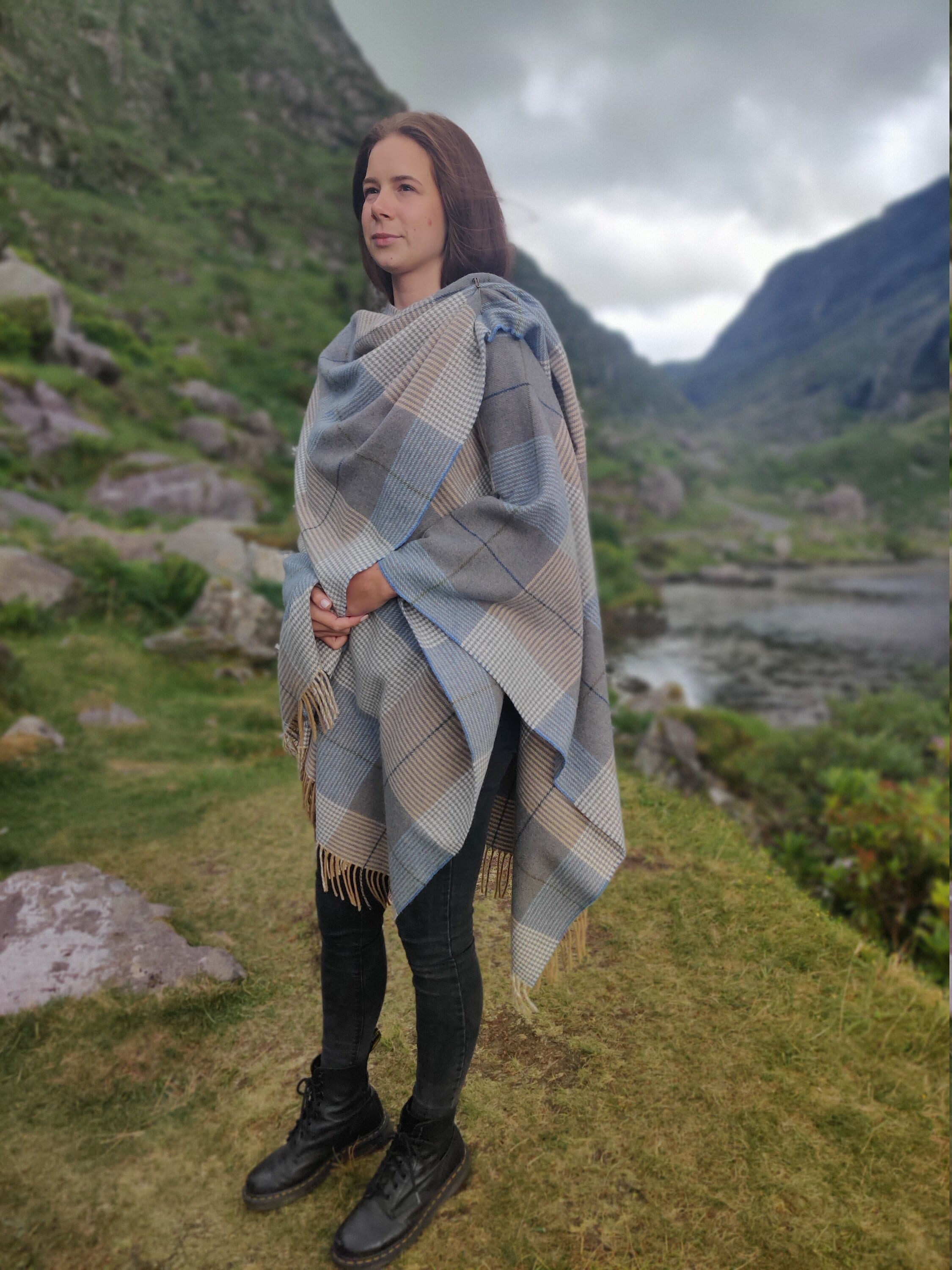 Irish Pure Lambswool Cape, Ruana, Wrap , Shawl - 100% Pure New Wool -  grey/blue check - supersoft - one size fits all - HANDMADE IN IRELAND