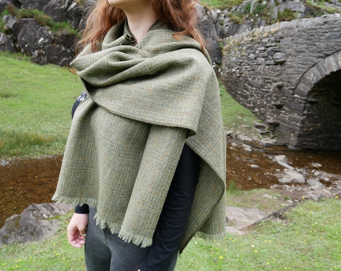 Green Plaid Irish Tweed Wool Shawl, Oversized Scarf with Pin, Hand Fringed Wrap, Handmade in Ireland