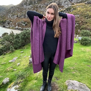 Irish Donegal Tweed Hooded Ruana, Wrap, Cape, Cloak, Robe - Purple Wine Herringbone - 100% Pure New Wool - Speckled - HANDMADE IN IRELAND image 6