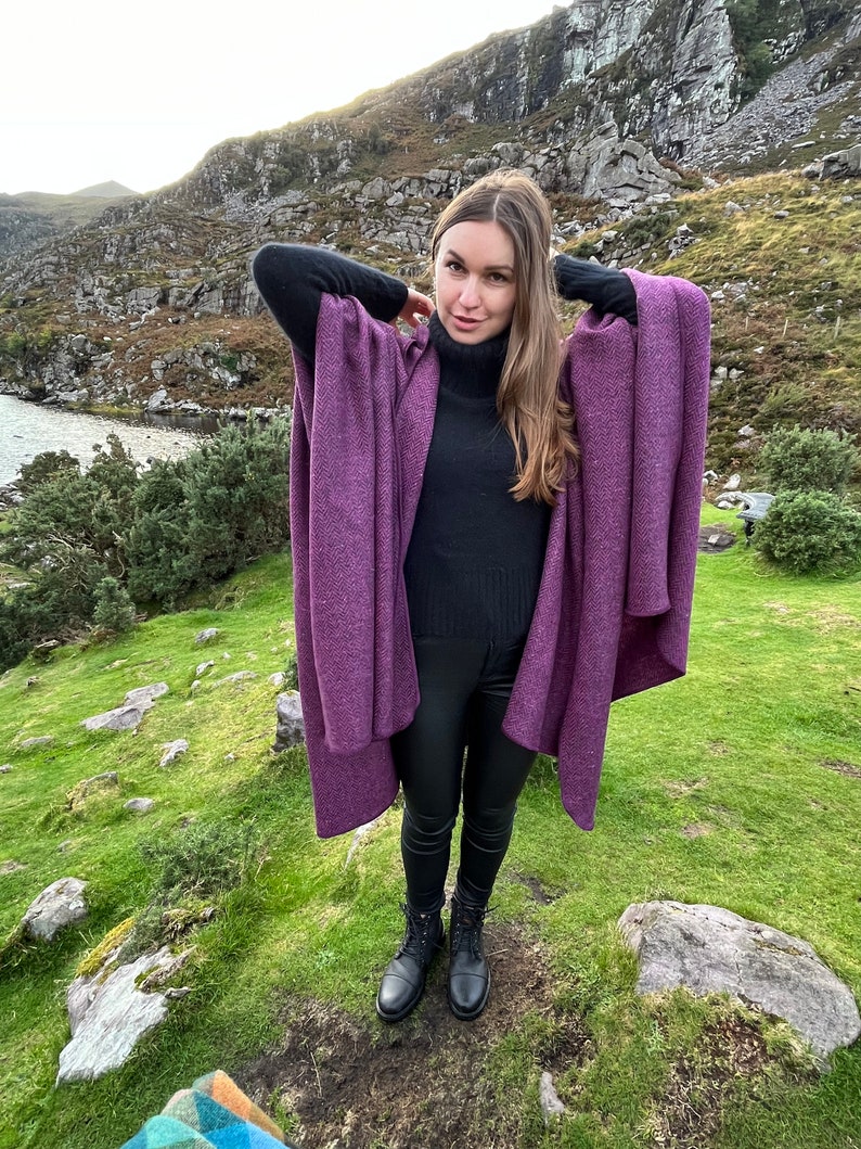 Irish Donegal Tweed Hooded Ruana, Wrap, Cape, Cloak, Robe - Purple Wine Herringbone - 100% Pure New Wool - Speckled - HANDMADE IN IRELAND image 6
