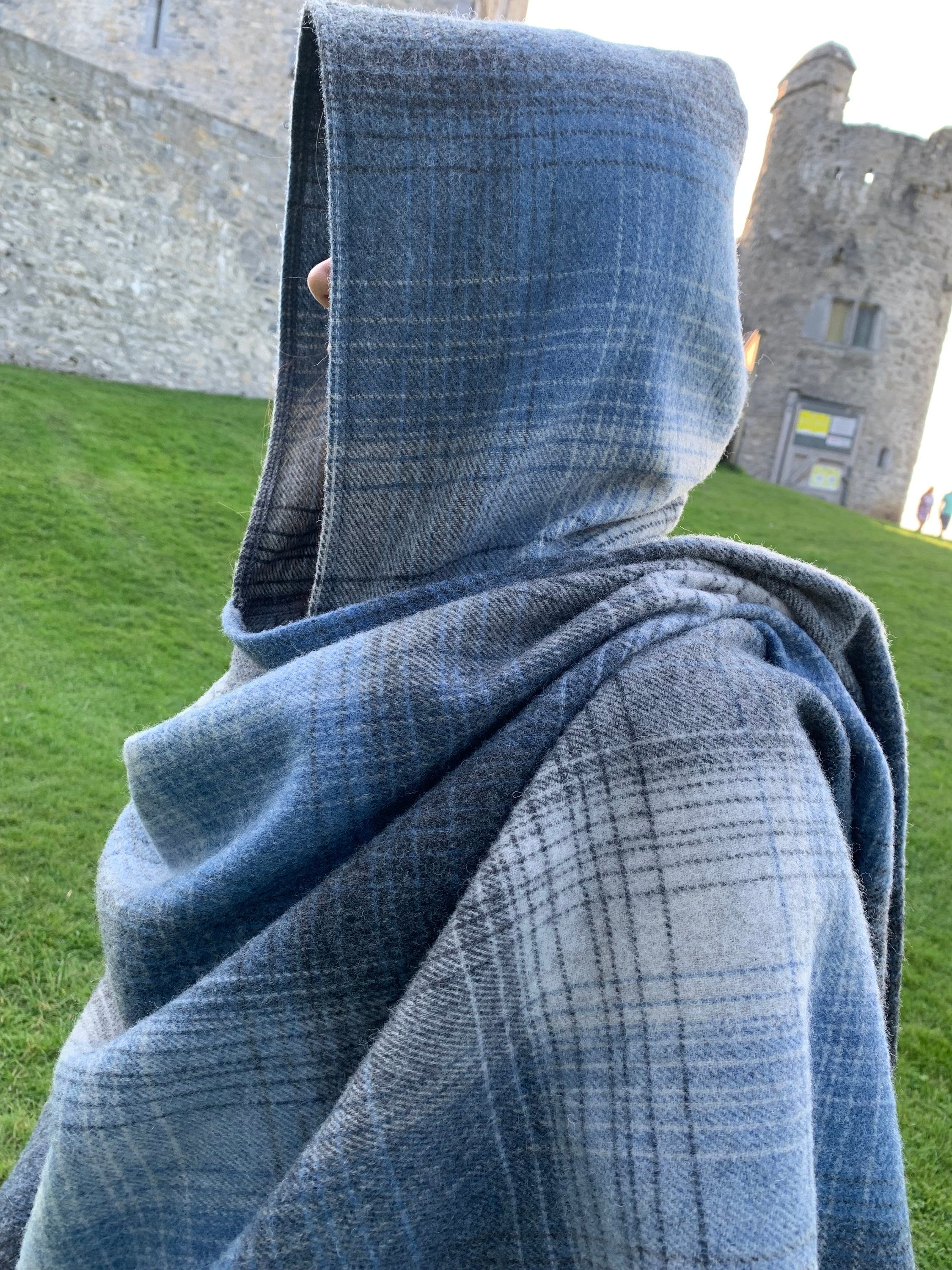 Hooded Irish Pure Lambswool Cape, Ruana, Wrap , Shawl - 100% Pure New Wool  - Grey Denim Check - Supersoft - HANDMADE IN IRELAND