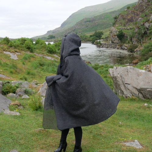 Irish Donegal Tweed Wool Hooded Ruana, Cape - Charcoal/Grey Salt & Pepper - Speckled -100% Pure New Wool - heavy tweed shops - HANDMADE IN IRELAND
