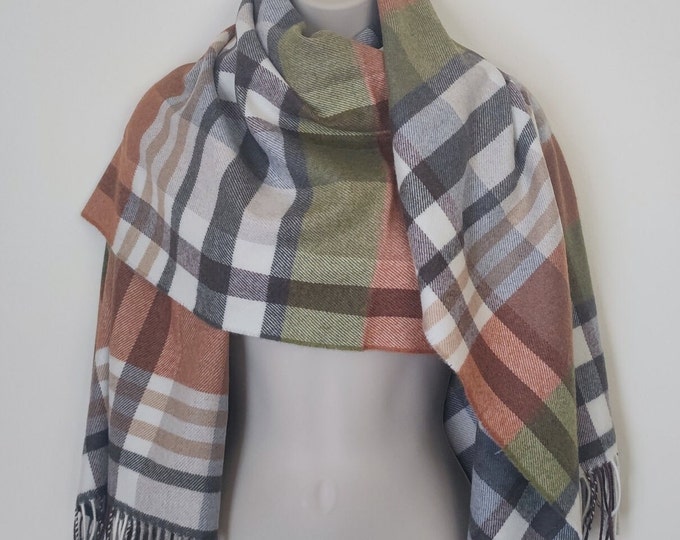 Extra Fine Supersoft Merino Wool Wrap, Shawl, Oversized Scarf, Stole, - Orange Green Grey White -  Tartan Plaid Check - HANDMADE IN IRELAND