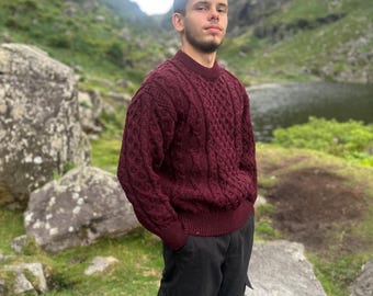 Burgundy Aran Sweater, Irish Wool Sweater, 100% Pure New Wool, Handmade in Ireland, Fisherman Sweater, True American Sizing