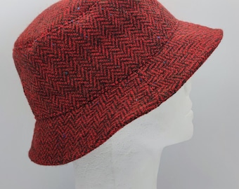 Women's Irish Tweed Bucket Hat, Red Black Herringbone Wool, Handmade in Ireland