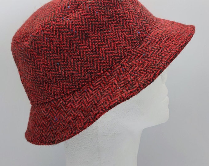 Women's Irish Tweed Bucket Hat, Red Black Herringbone Wool, Handmade in Ireland