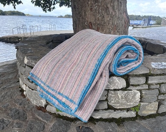 Queen Irish Wool Blanket – Heathered Multicolour Stripes with Atlantic-Blue Stitch – 90"×100" – 100% Pure New Wool – Handmade in Ireland