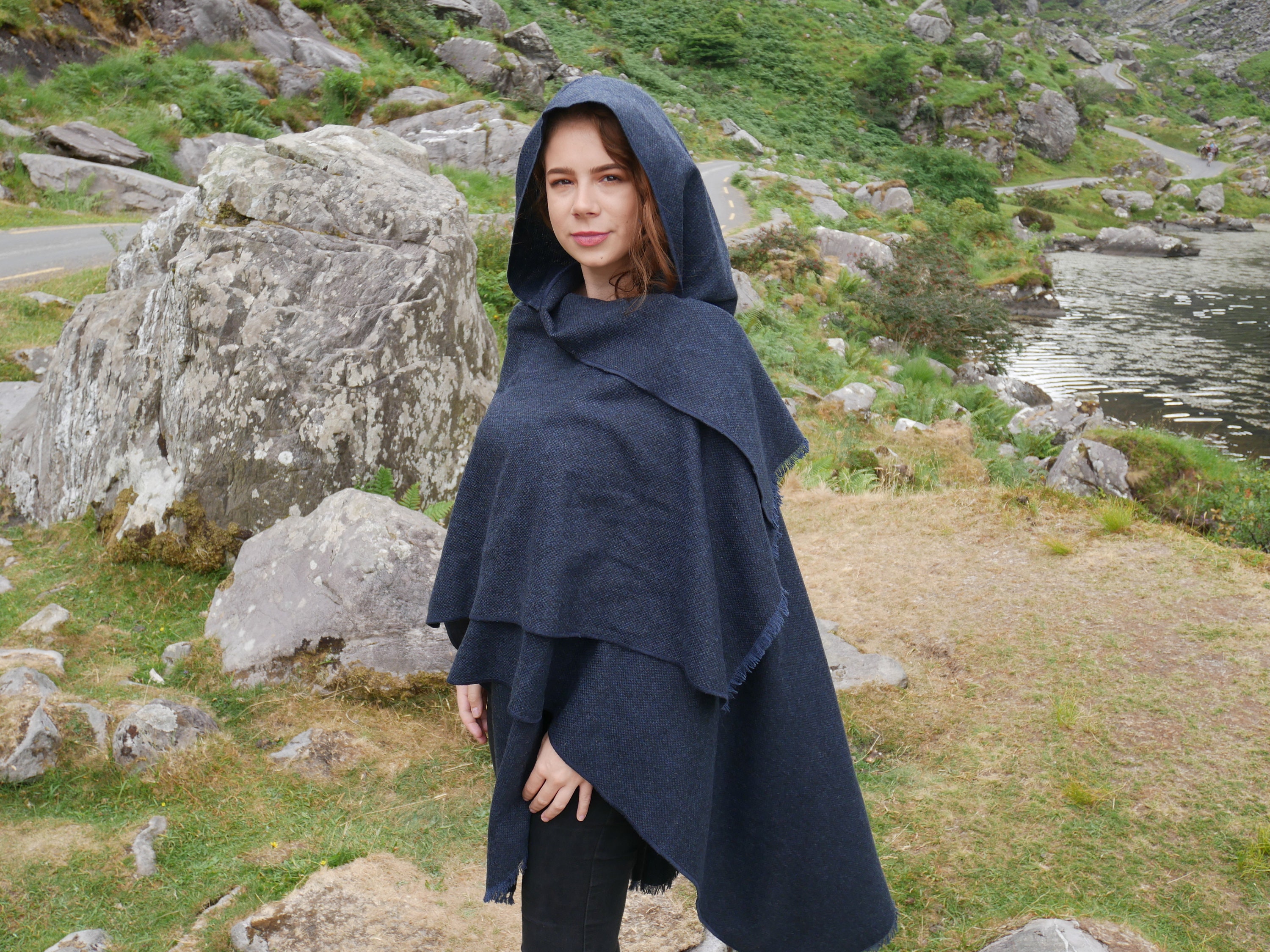 Irish Woven Wool Hooded Ruana, Cape, Rectangle Cloak, Wrap - 100% Pure New  Wool - Plain Solid Navy - Unisex - HANDMADE IN IRELAND