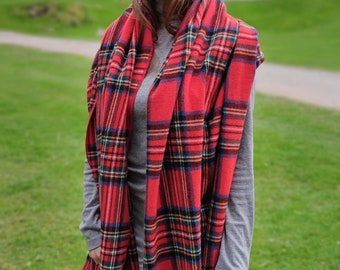 Irish Soft Lambswool Shawl, Oversized Scarf, Stole - Royal Stewart Tartan / Plaid  - 100% Wool - 71"X20"(180cm x 50cm) - HANDMADE IN IRELAND