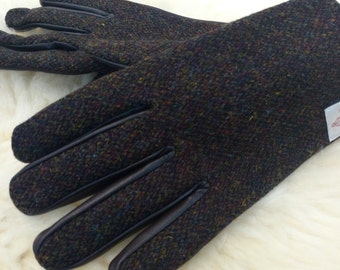 Mens Harris Tweed & genuine leather gloves- FREE SHIPPING- brown/green melange Harris Tweed-soft brown leather-warm lining - Made In Ireland