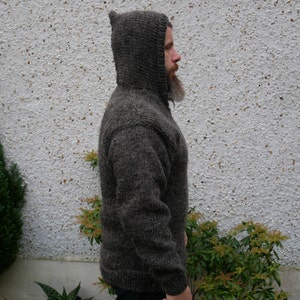 Authentic Irish Fisherman sweater-hooded-ribbed pattern-gray-100% raw wool-hand spoon yarn-unprocessed UNDYED Hand knitted in Ireland image 4
