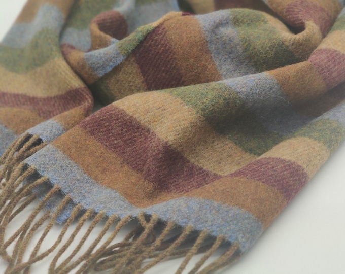 Irish Soft Lambswool scarf - 100% Pure New Wool - blue/bronze/burgundy/beige/green stripes - very soft - unisex - HANDMADE IN IRELAND