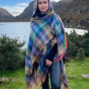 Hooded Supersoft Lambswool Cape, Ruana, Wrap , Shawl - 100% Pure New Wool - Multicolour Check - One Size Fits All - HANDMADE IN IRELAND image 6