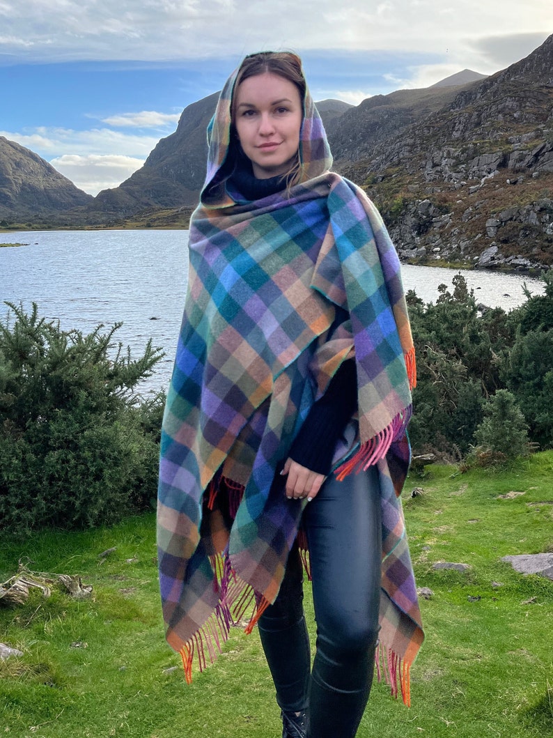 Hooded Supersoft Lambswool Cape, Ruana, Wrap , Shawl - 100% Pure New Wool - Multicolour Check - One Size Fits All - HANDMADE IN IRELAND image 6