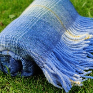 Traditional Irish Blanket/Throw -Shadow Check - Blue/Green/White - 100% Pure New Wool - Chunky & Heavy - 3 sizes available - MADE IN IRELAND