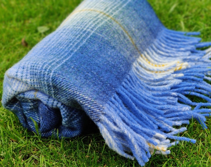 Traditional Irish Blanket/Throw -Shadow Check - Blue/Green/White - 100% Pure New Wool - Chunky & Heavy - 3 sizes available - MADE IN IRELAND