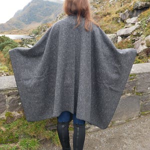 Irish Donegal Tweed Wool Ruana, Cape, Wrap, Cloak Charcoal/ Grey Salt & Pepper Herringbone Heavy Tweed Unisex HANDMADE IN IRELAND image 8