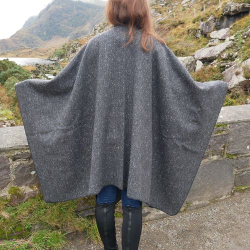Irish Donegal Tweed Wool Ruana, Cape, Wrap, Cloak - Charcoal/Grey shops - Fleck Herringbone - 100% Pure New Wool - Unisex - HANDMADE IN IRELAND