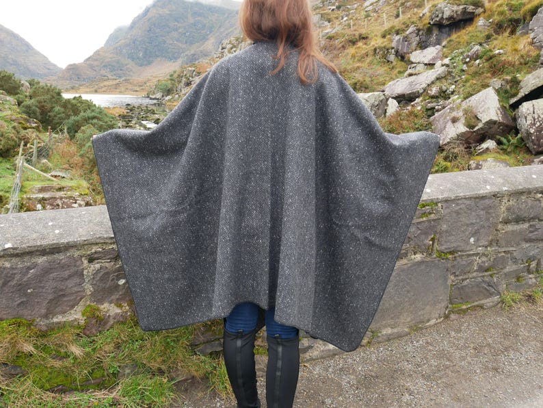 Irish Donegal Tweed Wool Ruana, Cape, Wrap, Cloak Charcoal/ Grey Salt & Pepper Herringbone Heavy Tweed Unisex HANDMADE IN IRELAND image 8