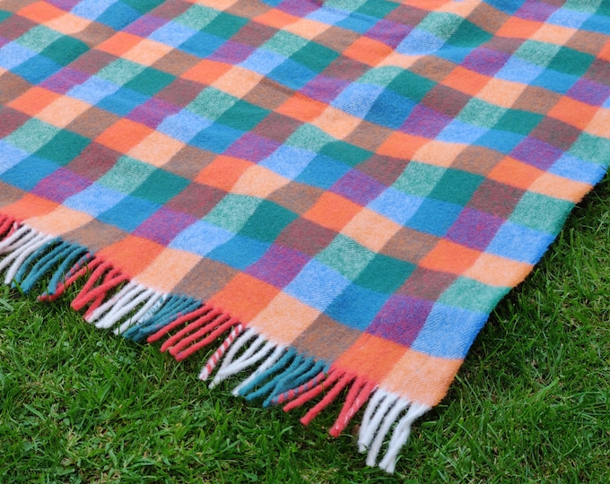 Irish Pure New Wool blanket, throw - multicolour block check - 100% Pure New Wool - 58” x 75” (145 x 190 cm) - MADE IN IRELAND