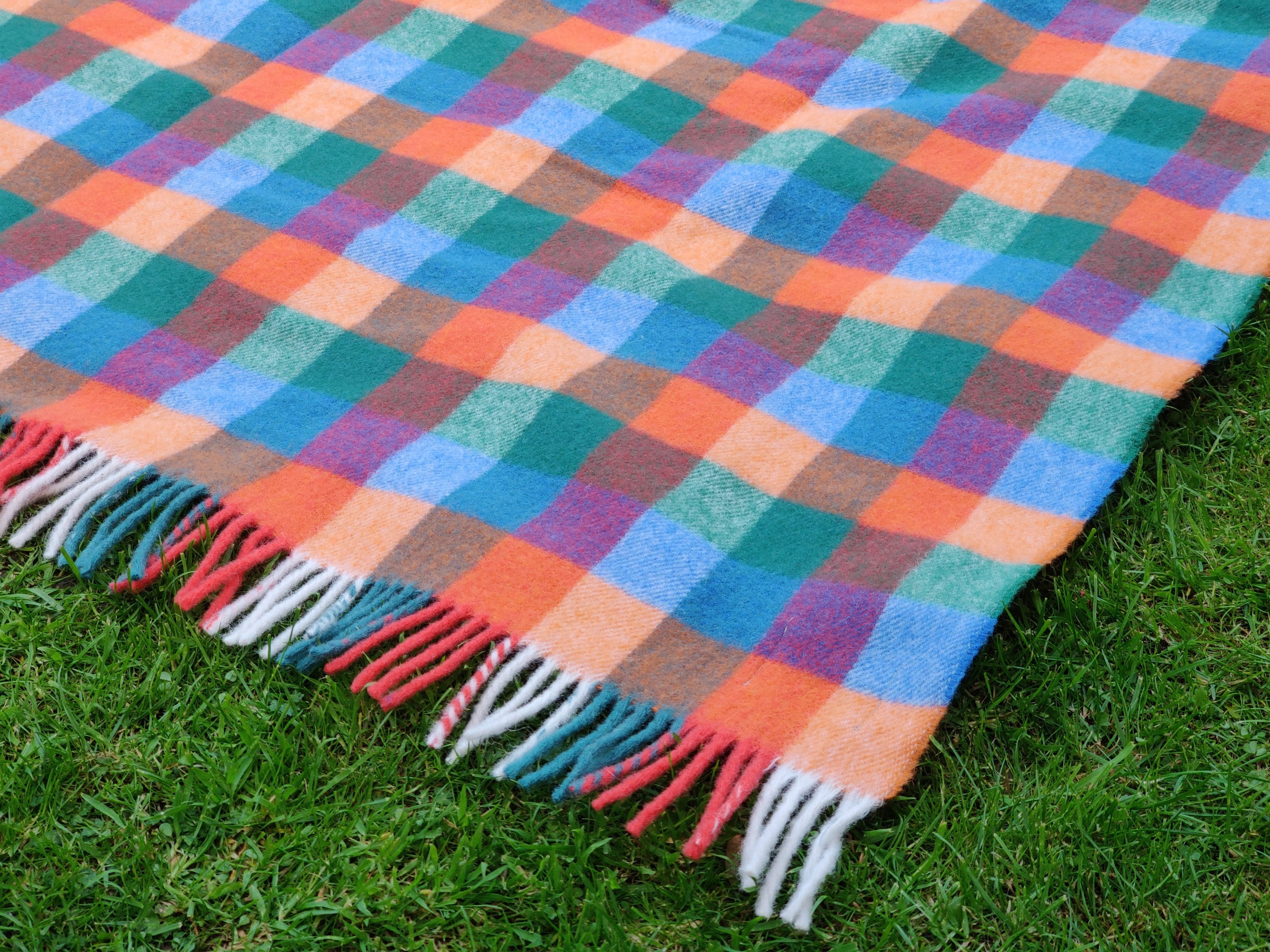 Irish thick and heavy wool blanket, throw - multicolur block check