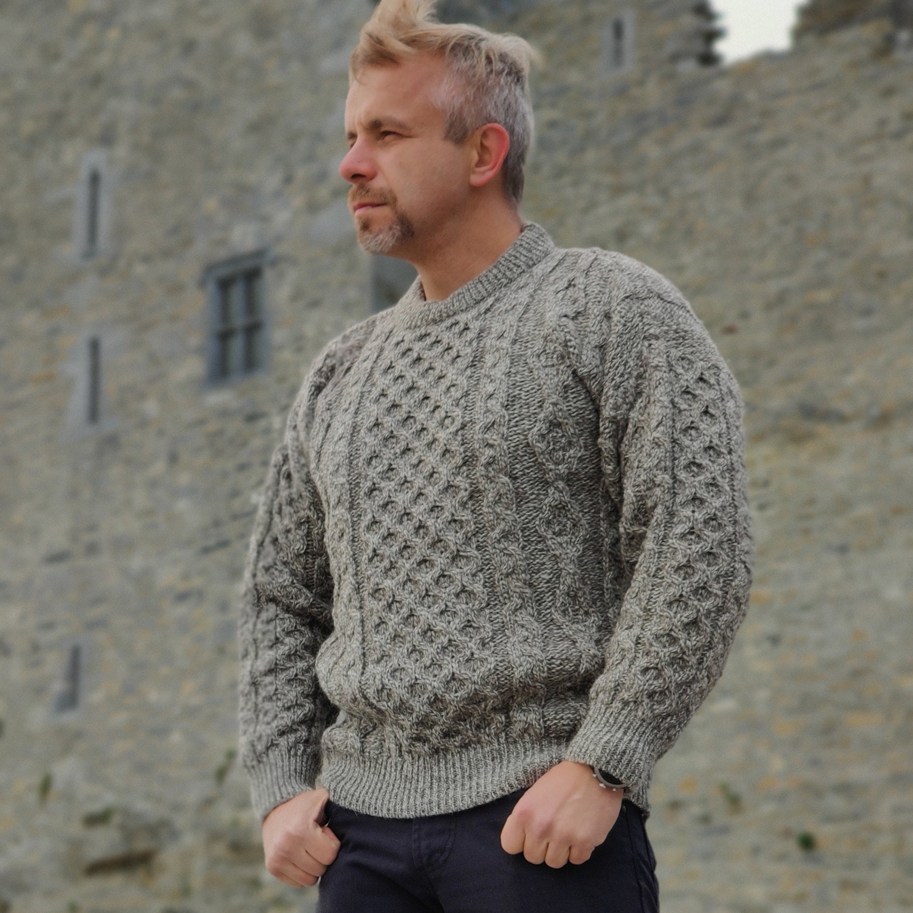 Traditional Aran Sweater - 100% pure new wool - oatmeal - chunky&heavy -  MADE IN IRELAND