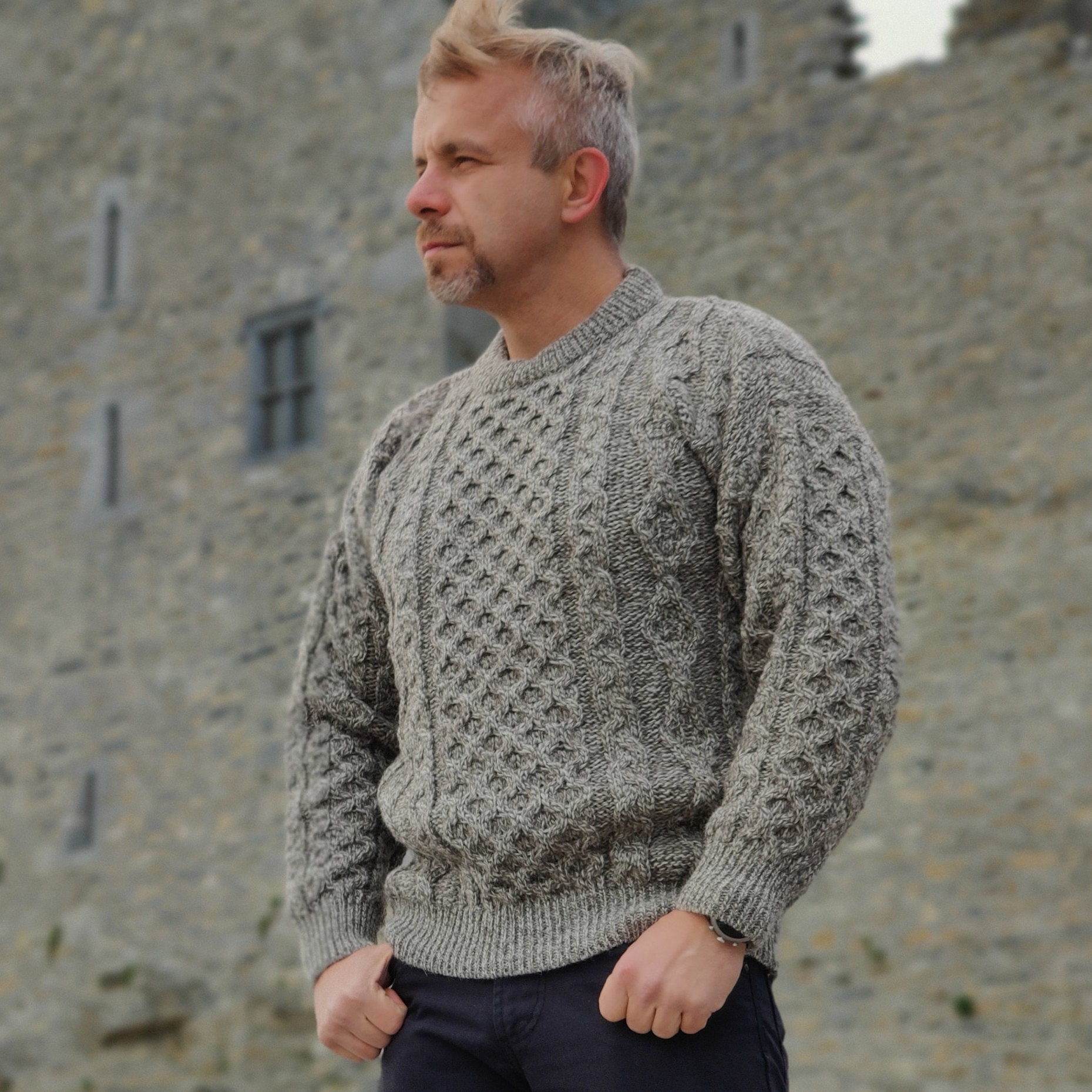 Traditional Aran Sweater - 100% pure new wool - oatmeal