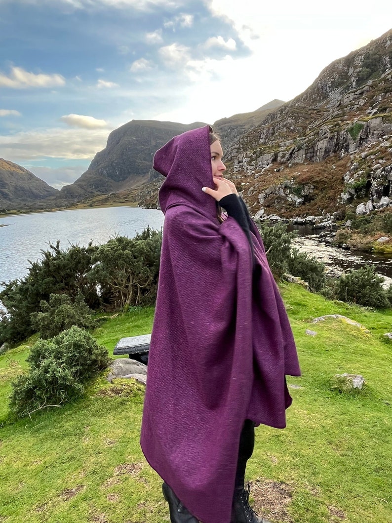 Irish Donegal Tweed Hooded Ruana, Wrap, Cape, Cloak, Robe - Purple Wine Herringbone - 100% Pure New Wool - Speckled - HANDMADE IN IRELAND image 1