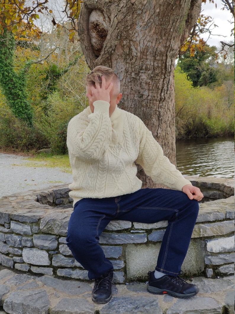 Organic Irish Wool Aran Half Zip Sweater Cream Undyed 100% Pure New Wool Chunky & Heavy Proper Aran Sweater MADE IN IRELAND image 4