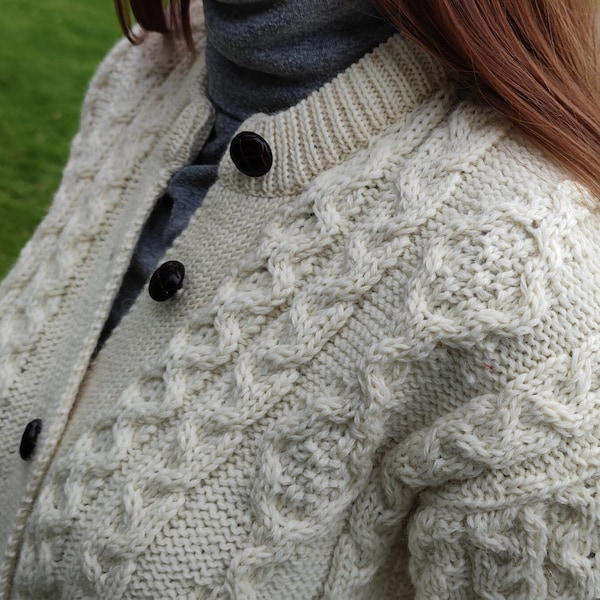 Aran Wool Cardigan Lumber Jacket - Cream / Off White - Buttoned Cardigan - 100% Pure New Irish Wool - Warm & Chunky - HANDMADE IN IRELAND