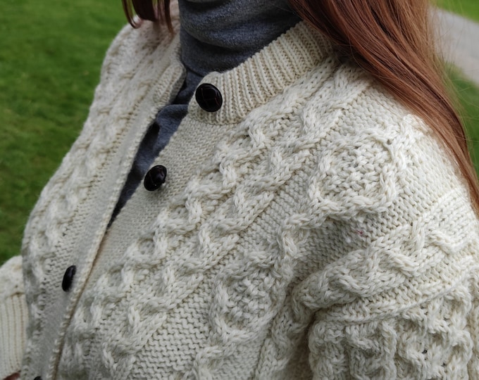 Aran Wool Cardigan Lumber Jacket - Cream / Off White - Buttoned Cardigan - 100% Pure New Irish Wool - Warm & Chunky - HANDMADE IN IRELAND
