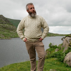 Traditional Aran Sweater 100% Pure New Wool Cream With Multicolour Fleck Nep Really Warm And Chunky MADE IN IRELAND image 4