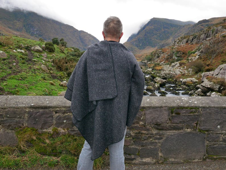 Irish Donegal Tweed Wool Ruana, Cape, Wrap, Cloak Charcoal/ Grey Salt & Pepper Herringbone Heavy Tweed Unisex HANDMADE IN IRELAND image 10