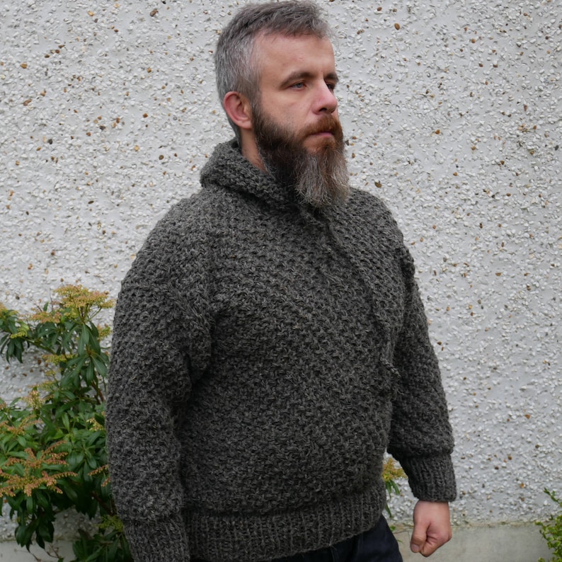 Irish Medieval sweater hooded dragon scale pattern 100% raw wool-organic-hand spun wool yarn UNDYED grey Hand knitted in Ireland image 9