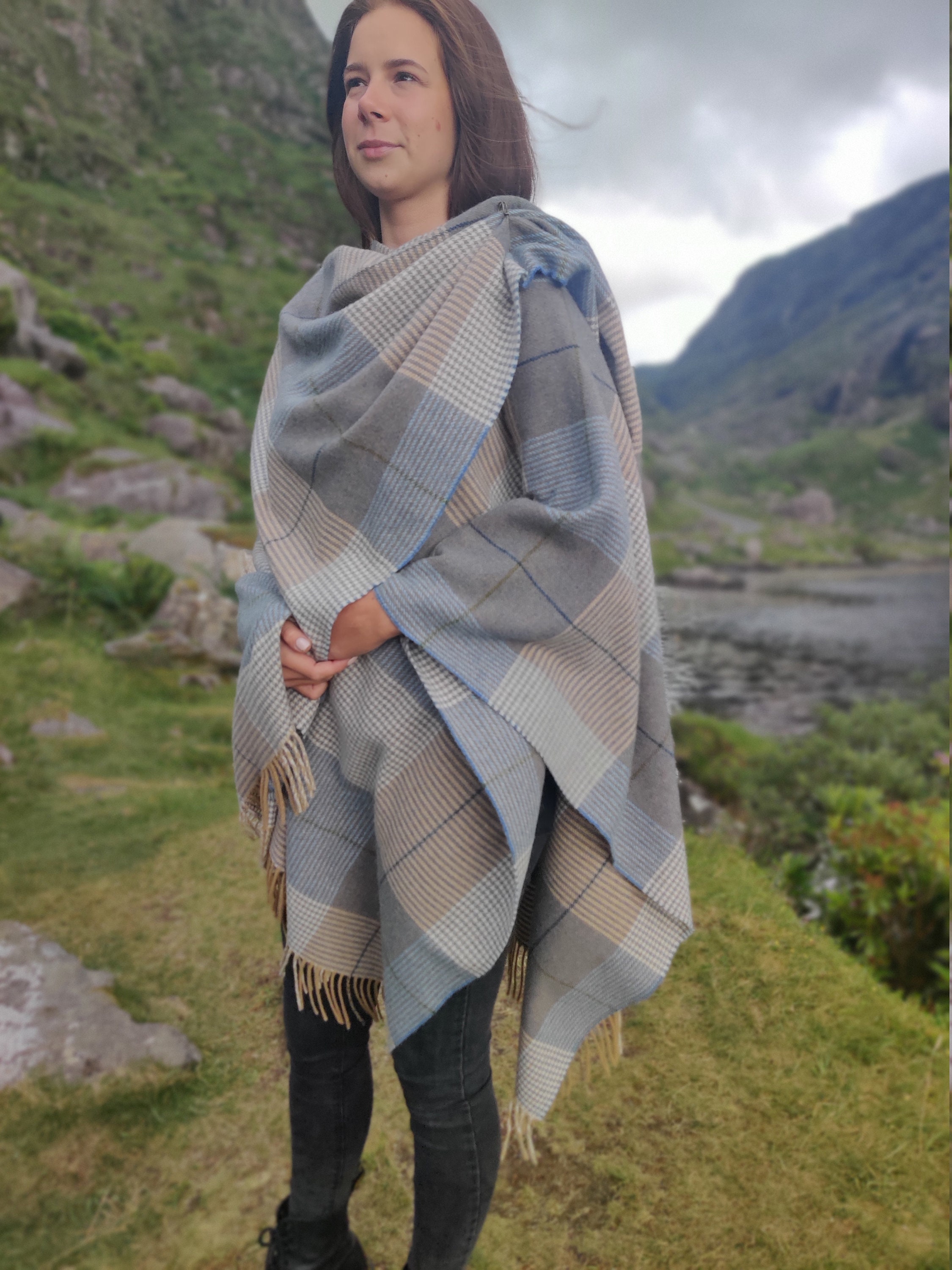 Irish Pure Lambswool Cape, Ruana, Wrap , Shawl 100% Pure New Wool  Beige/blue Check Supersoft One Size Fits All HANDMADE IN IRELAND -   Israel