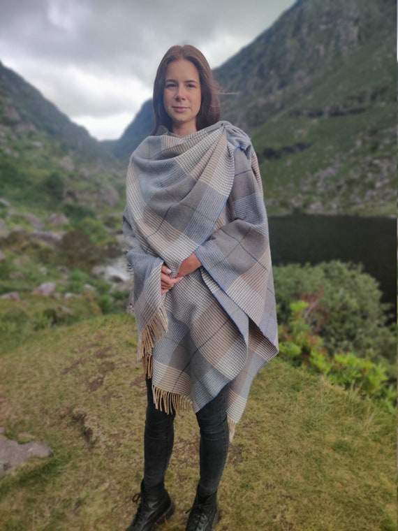 Irish Pure Lambswool Cape, Ruana, Wrap , Shawl 100% Pure New Wool  Beige/blue Check Supersoft One Size Fits All HANDMADE IN IRELAND -   Israel