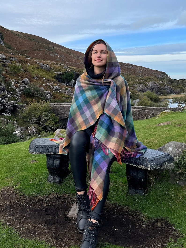 Hooded Supersoft Lambswool Cape, Ruana, Wrap , Shawl - 100% Pure New Wool - Multicolour Check - One Size Fits All - HANDMADE IN IRELAND image 1