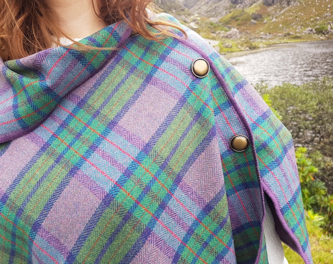 Irish soft lambswool poncho,cape,shawl in 1 piece! purple/lavender/green check tartan & herringbone -100% pure new wool -HANDMADE IN IRELAND