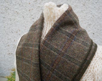 Irish tweed wool scarf -100% pure new wool- moss green tartan - hand fringed -ready for shipping - unisex - Handmade in Ireland