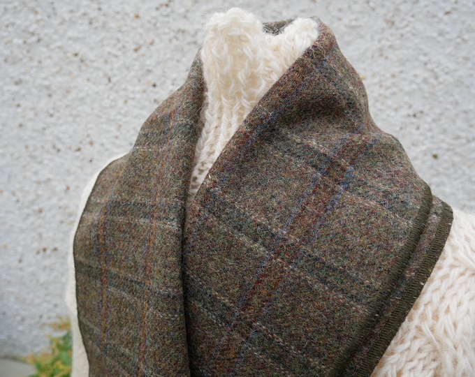 Irish tweed wool scarf -100% pure new wool- moss green tartan - hand fringed -ready for shipping - unisex - Handmade in Ireland