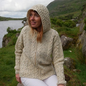 Hooded Aran Zipper Cardigan - Cream Nep / With Fleck - 100% Pure New Wool - Chunky & Heavy - MADE IN IRELAND