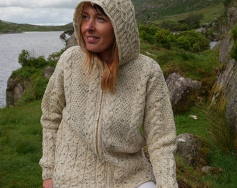 Hooded Aran Zipper Cardigan - Cream Nep / With Fleck - 100% Pure New Wool - Chunky & Heavy - MADE IN IRELAND