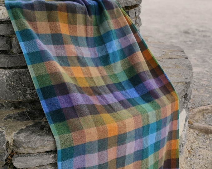 Supersoft Irish Lambswool Blanket/Throw -Green/Purple/Orange/Blue Check  - 137x180 cm (54x71'') - 100% Pure New Lambswool - MADE IN IRELAND