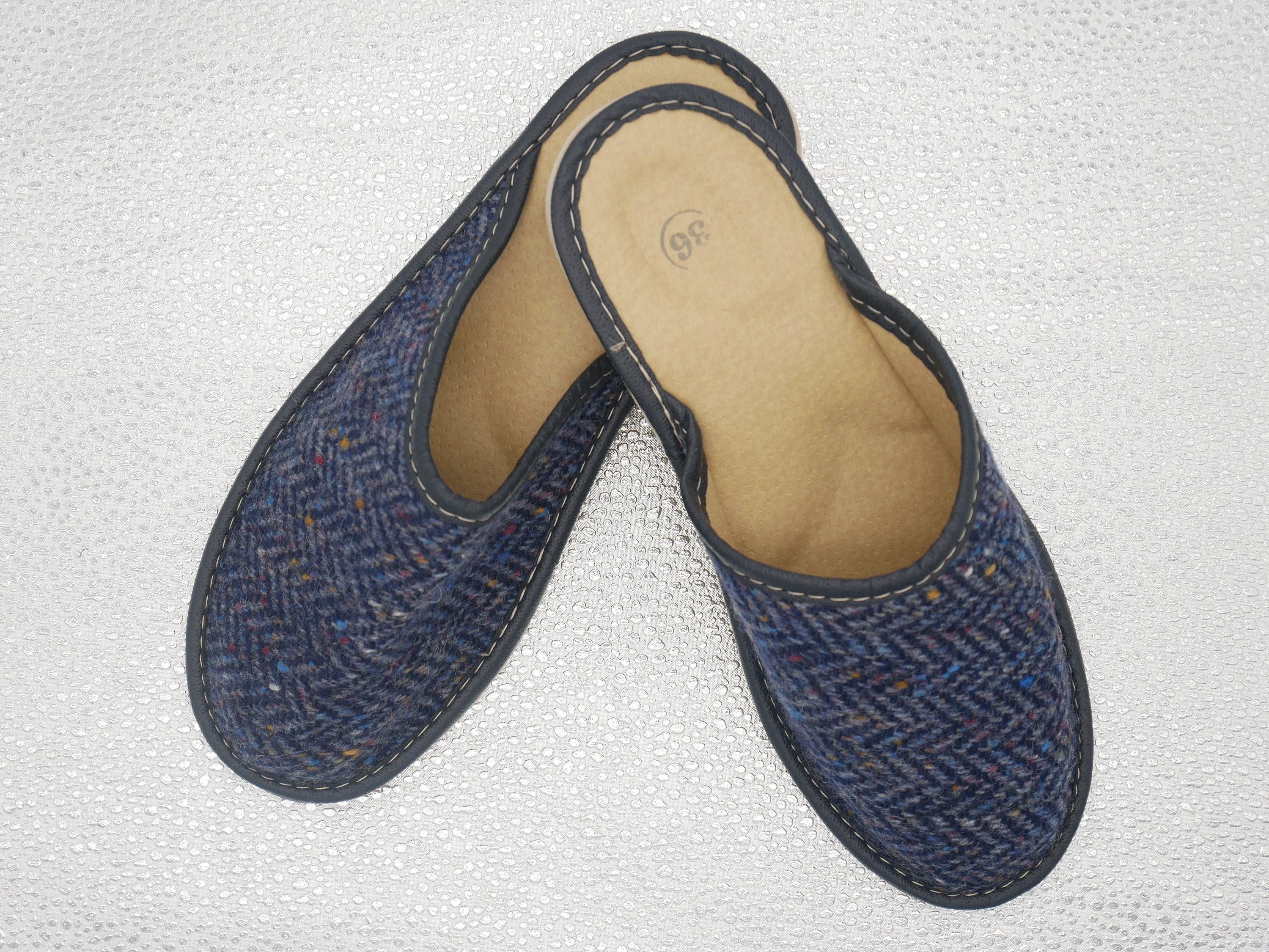 Womens Irish tweed & leather slippers - speckled navy/blue herringbone ...