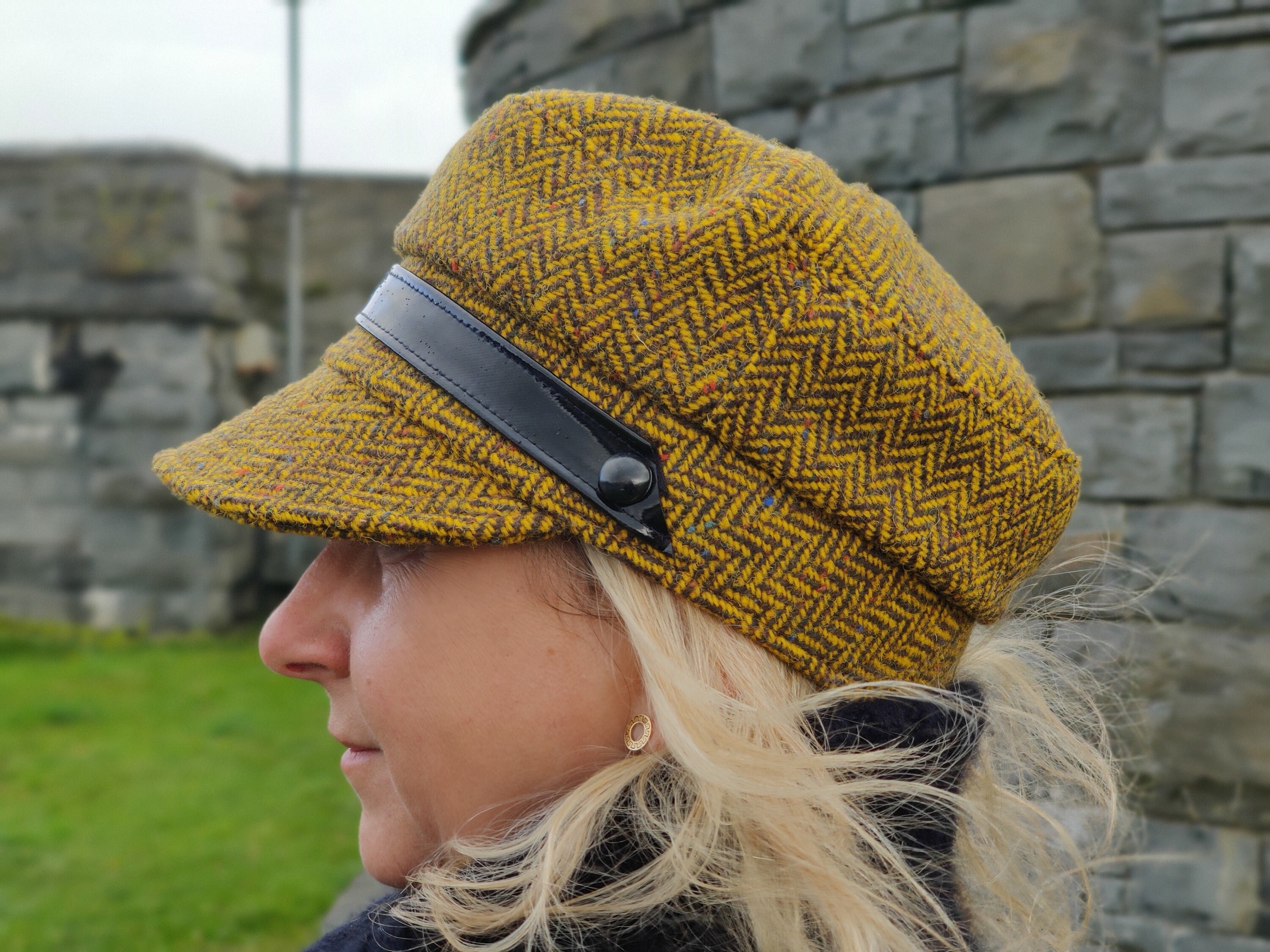 Ladies Tweed Biker Hat - Yellow Herringbone with Fleck Ladies Tweed Biker Hat - Yellow Herringbone with Fleck