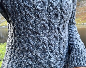 Irish Aran Turtleneck / Roll Neck Ladies Sweater - 100% Merino Wool - Slate Grey - Soft , Chunky & Really Warm / Breathable -MADE IN IRELAND
