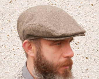 Traditional Irish tweed flat cap - newsboy cap - brown/beige herringbone - 100% wool -padded - ready for shipping - HANDMADE IN IRELAND
