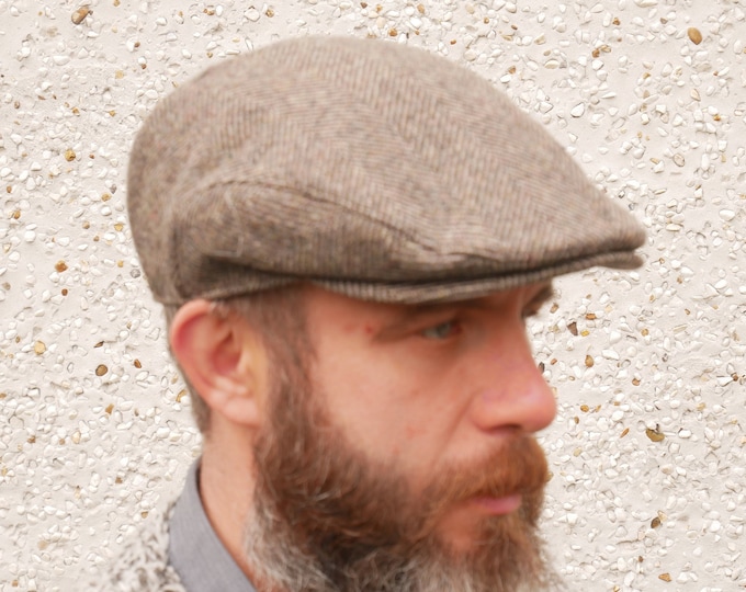 Traditional Irish tweed flat cap - newsboy cap - brown/beige herringbone - 100% wool -padded - ready for shipping - HANDMADE IN IRELAND
