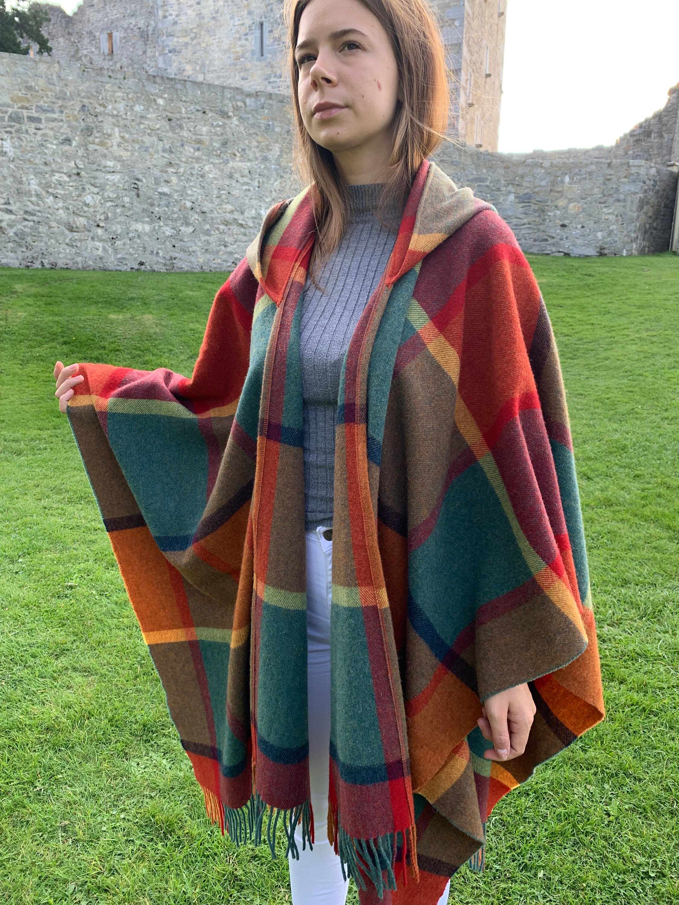 Hooded Irish Pure Lambswool Cape, Ruana, Wrap , Shawl - 100% Pure New Wool  - Grey Denim Check - Supersoft - HANDMADE IN IRELAND