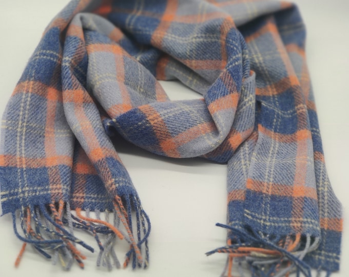 Irish Soft Lambswool scarf - 100% Pure New Wool - blue/baby blue/orange/white tartan/plaid check - very soft - unisex - HANDMADE IN IRELAND